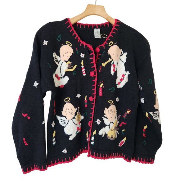 Sweaters - Vintage Angel Christmas Cardigan Sweater Black Red Winter Holiday Party Grandma